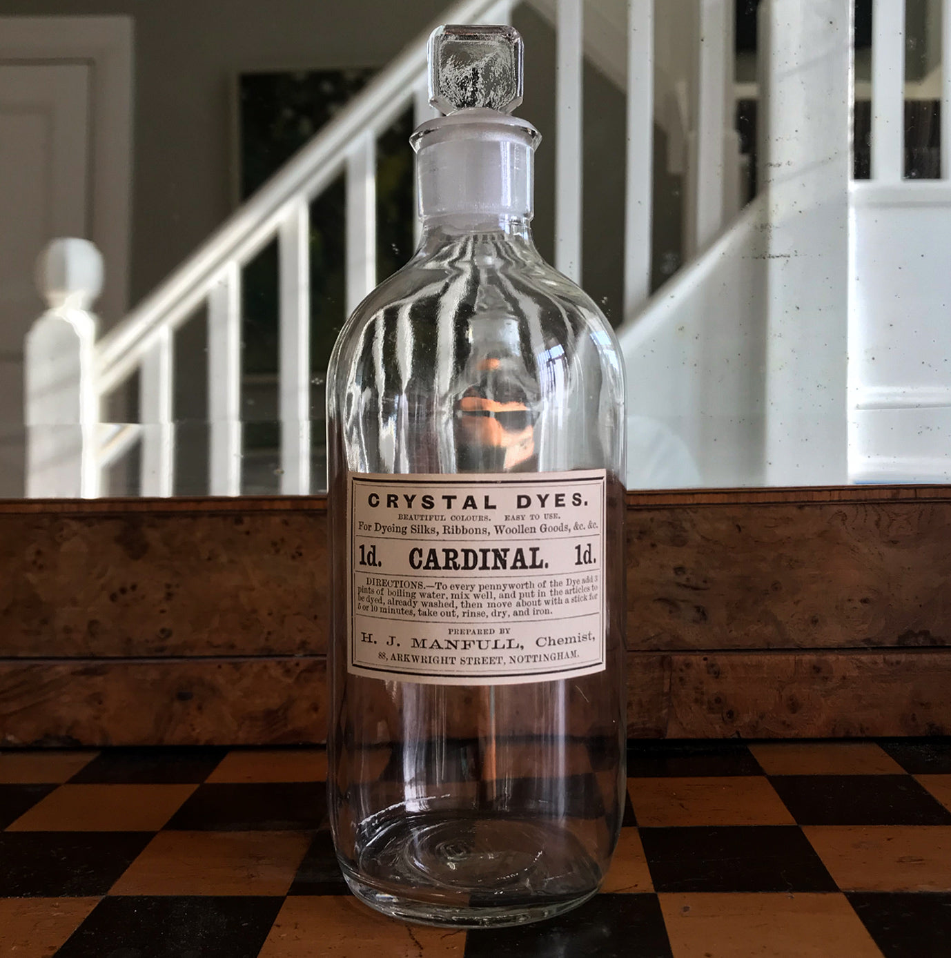 Set of Five Clear Apothecary Bottles with original Crystal Dyes paper labels from The H. J Manfull Chemist, 88 Arkwright Street, Nottingham - SHOP NOW - www.intovintage.co.uk