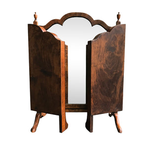 Pretty and versatile veneered Edwardian 3 way mirror, topped with small urn finials, on sturdy feet. This piece has a lovely warm mottled tone and has a elegant scalloped top - Shop Now - www.intovintage.co.uk