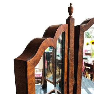 Pretty and versatile veneered Edwardian 3 way mirror, topped with small urn finials, on sturdy feet. This piece has a lovely warm mottled tone and has a elegant scalloped top - Shop Now - www.intovintage.co.uk