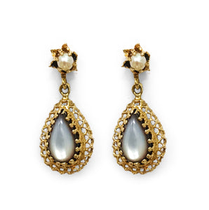 Gold Filigree Teardrop Earrings are set around teardrop shape Mother of Pearl Stones. Find this and other Vintage jewellery for sale at Intovintage.co.uk.