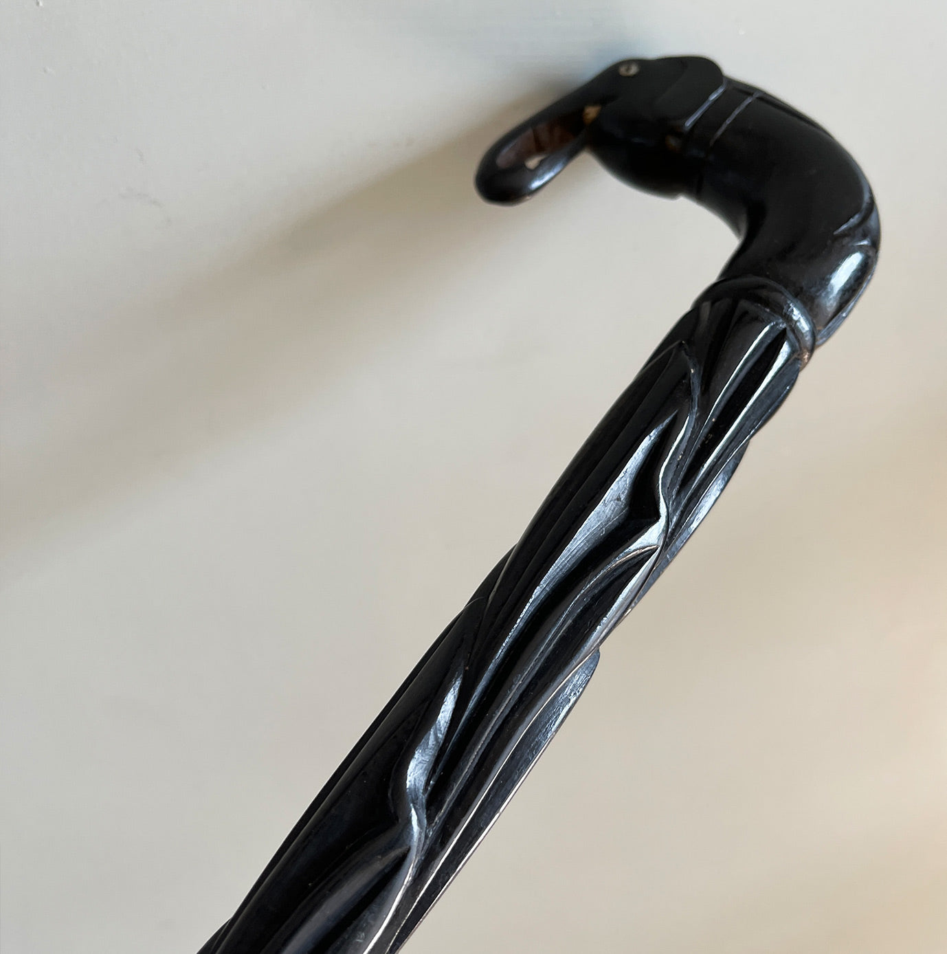 An Ebonised Elephant Walking Stick, with carved Elephant head handle and further carved detail to the shaft - SHOP NOW - www.intovintage.co.uk