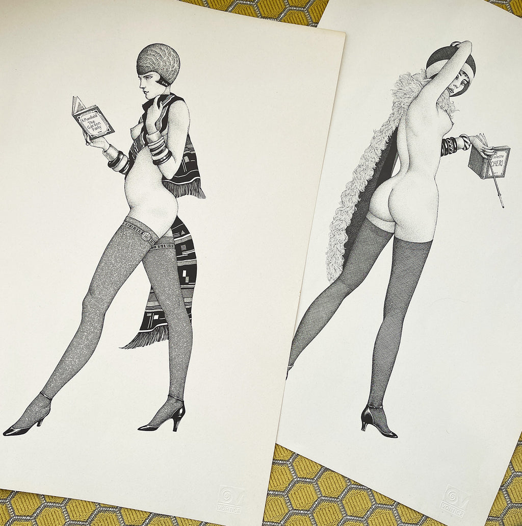 A pair of Stylish Vortex Erotic Prints of young 1930's Art Deco Ladies. Both superbly executed. The first is called 'Colette Cheri' and the other called 'The Garden Party'. Each print is stamped 'Vortex' in the bottom right hand corner - SHOP NOW - www.intovintage.co.uk