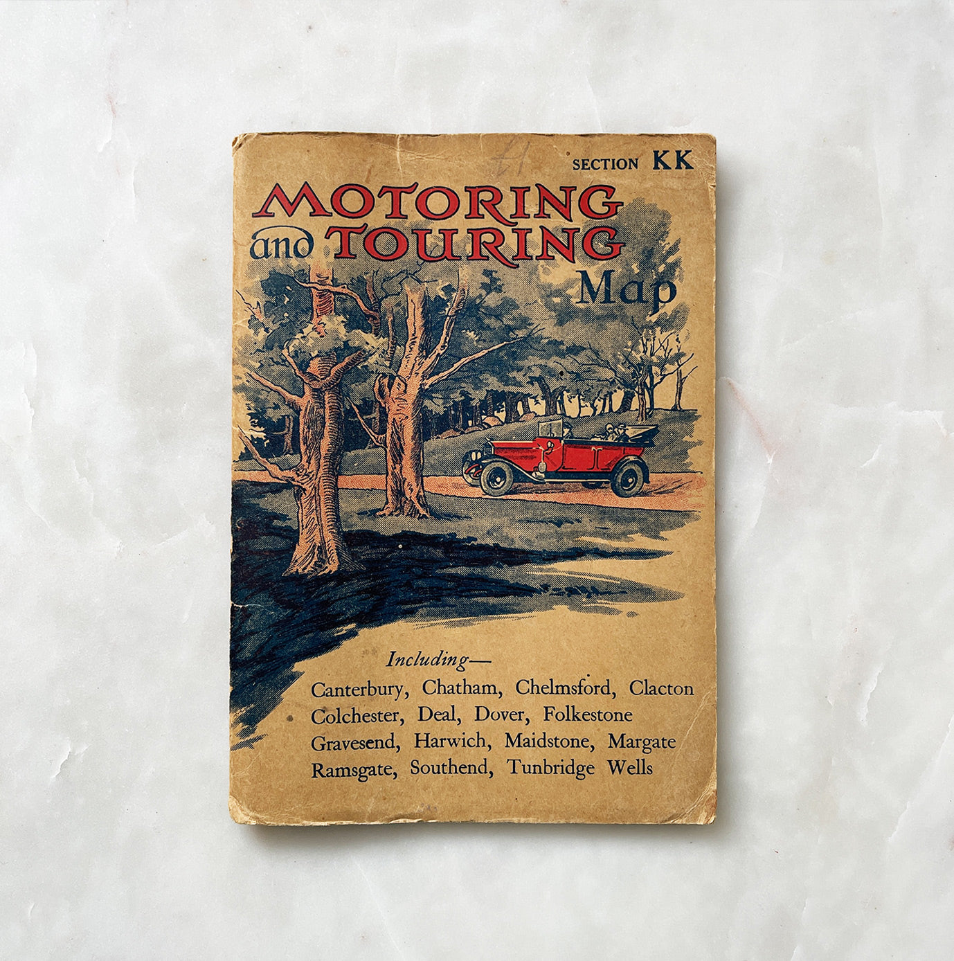 A 1930s 'Motoring & Touring Map' for the South East of England. The cover has a great illustration of a vintage car parked up in the woods. The map covers North Essex down to the South Coast showing all 'First Class Roads' and is in fantastic condition - SHOP NOW - www.intovintage.co.uk
