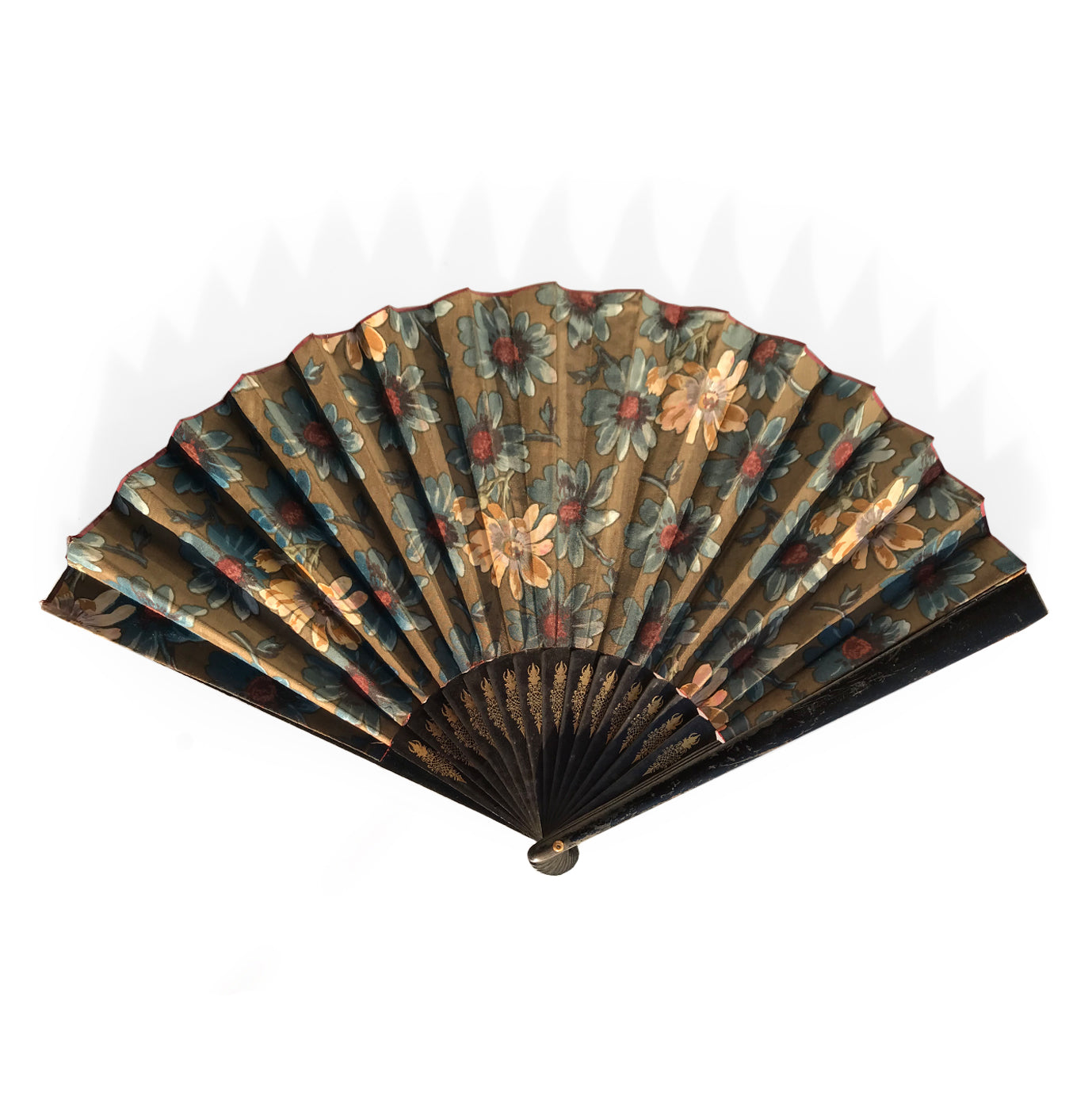 Beautiful, large vintage Victorian ladies fan. Covered in a beautiful silk flower pattern with brilliant red on the reverse - SHOP NOW - www.intovintage.co.uk