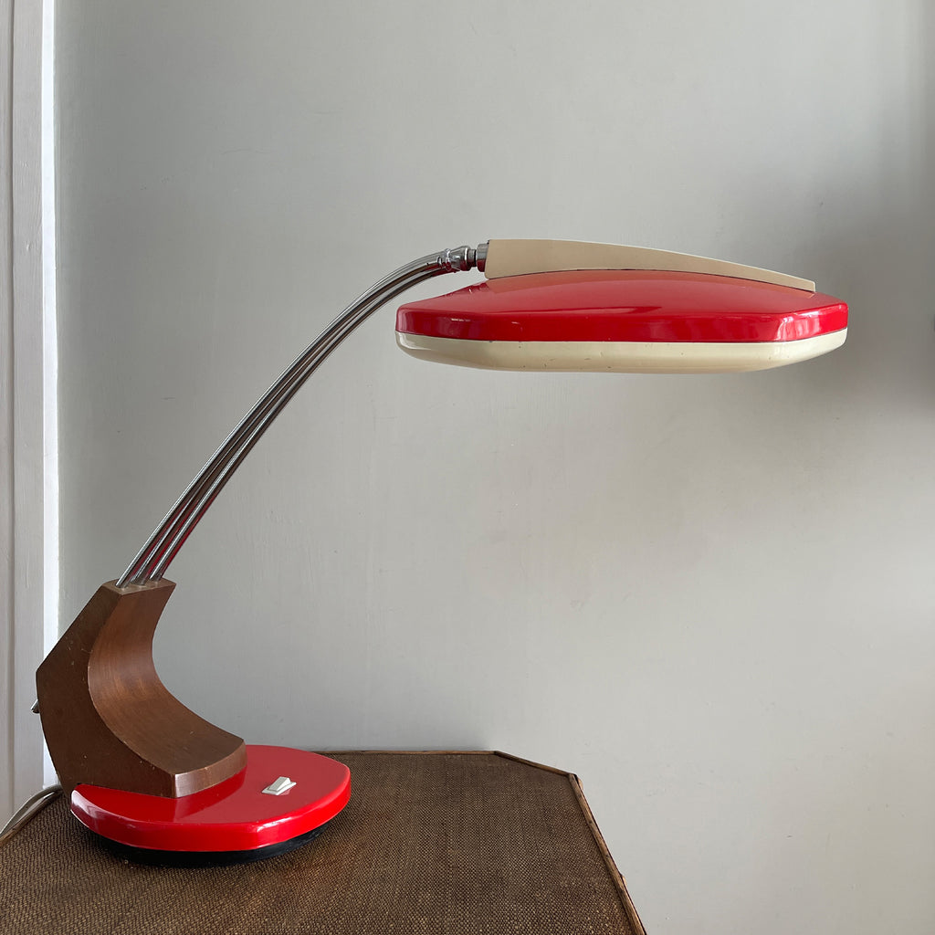 A  lamp by Fase of Madrid, Spain - model Falux. Designed by Luiz Perez de la Oliva in the early 1970s. Made from a combination of hard wood, aluminium and chromed steel. It stands on a fully rotating base that houses the on/off switch - SHOP NOW - www.intovintage,co.uk
