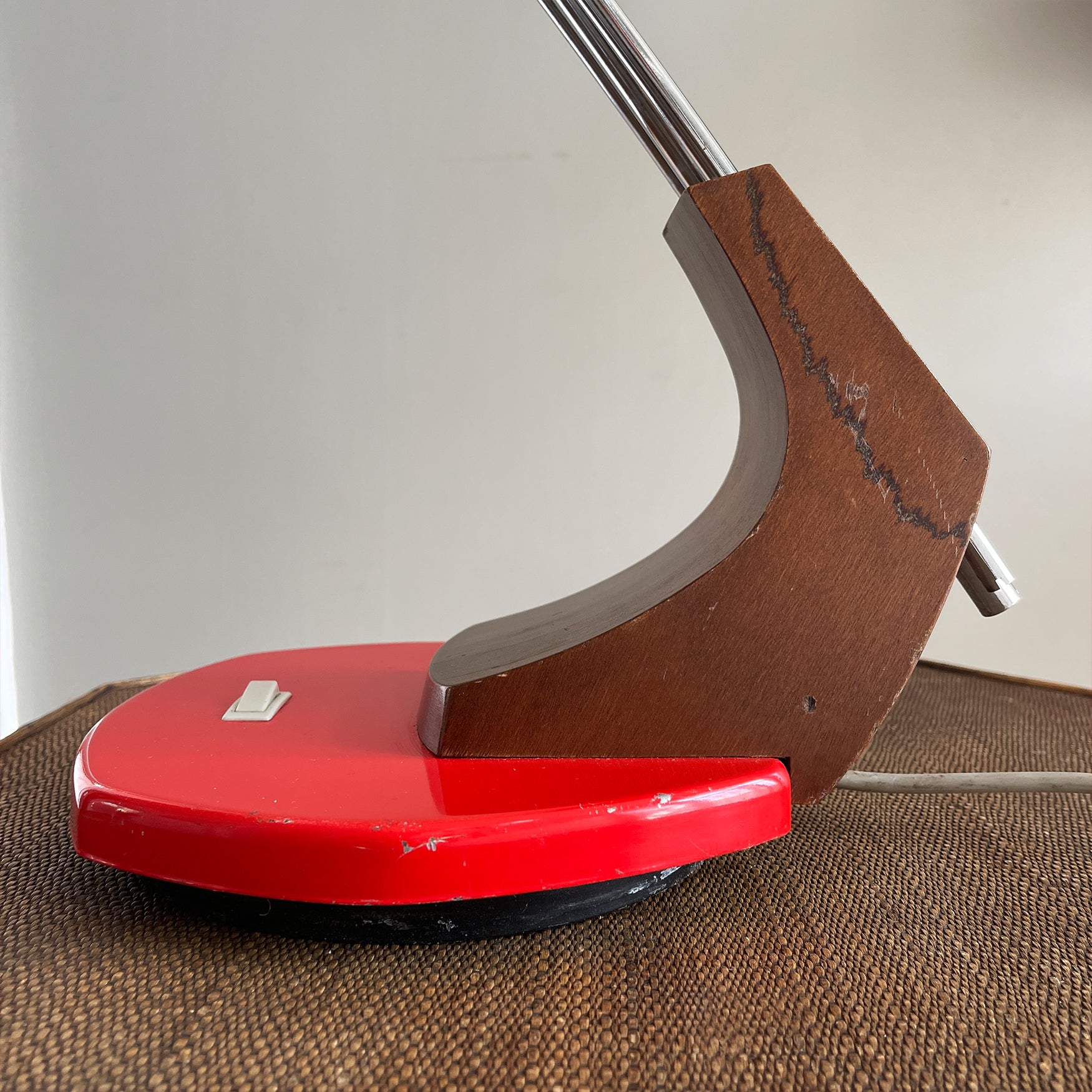 A  lamp by Fase of Madrid, Spain - model Falux. Designed by Luiz Perez de la Oliva in the early 1970s. Made from a combination of hard wood, aluminium and chromed steel. It stands on a fully rotating base that houses the on/off switch - SHOP NOW - www.intovintage,co.uk