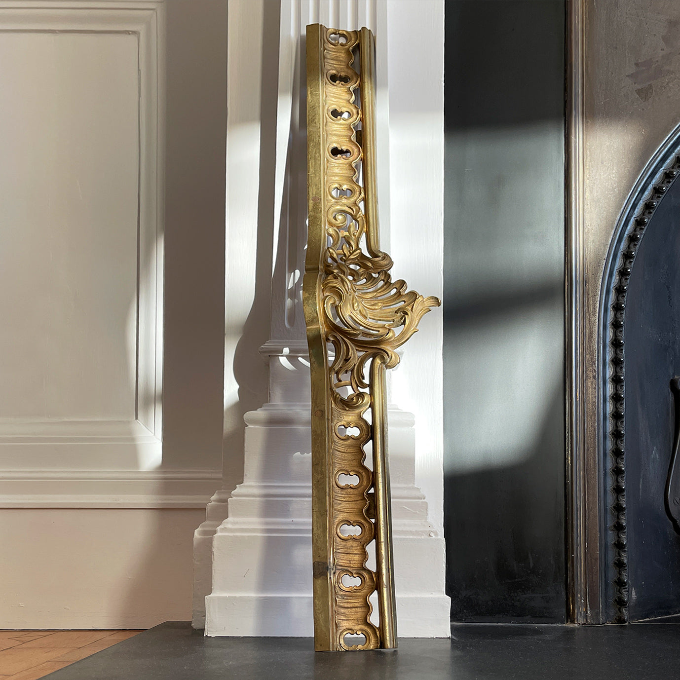 Victorian Gilded Cast Brass Fireplace Ash Keep with Its Rococo styling adding a touch of grandeur to any fireplace. It sits across the floor of the hearth below the basket stopping the ash spill out over the front of the fireplace. Good looking and practical too - SHOP NOW - www.intovintage.co.uk