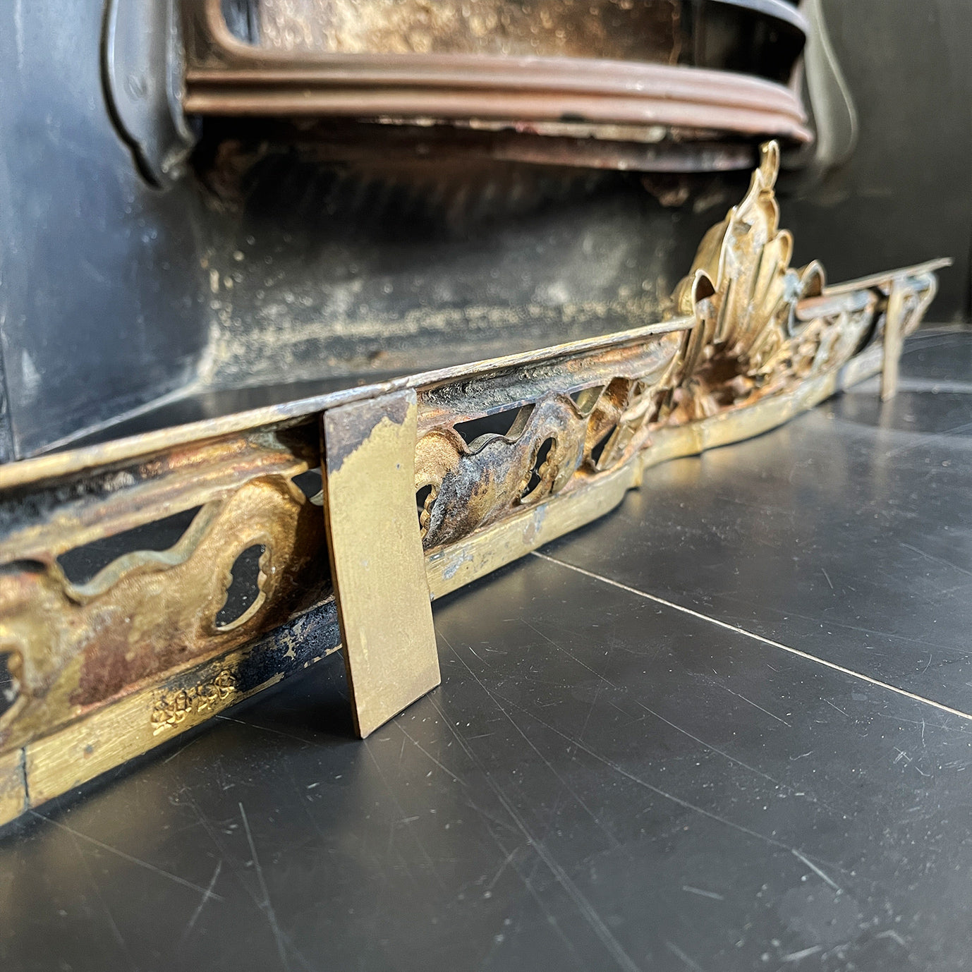 Victorian Gilded Cast Brass Fireplace Ash Keep with Its Rococo styling adding a touch of grandeur to any fireplace. It sits across the floor of the hearth below the basket stopping the ash spill out over the front of the fireplace. Good looking and practical too - SHOP NOW - www.intovintage.co.uk
