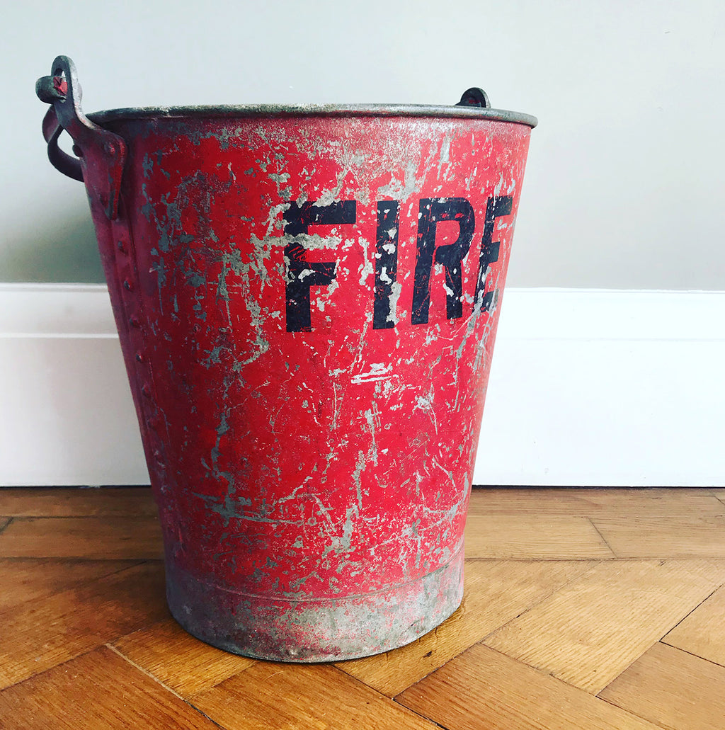 Vintage riveted, galvanised steel fire bucket with a wonderful distressed patina to it's red surface - SHOP NOW - www.intovintage.co.uk