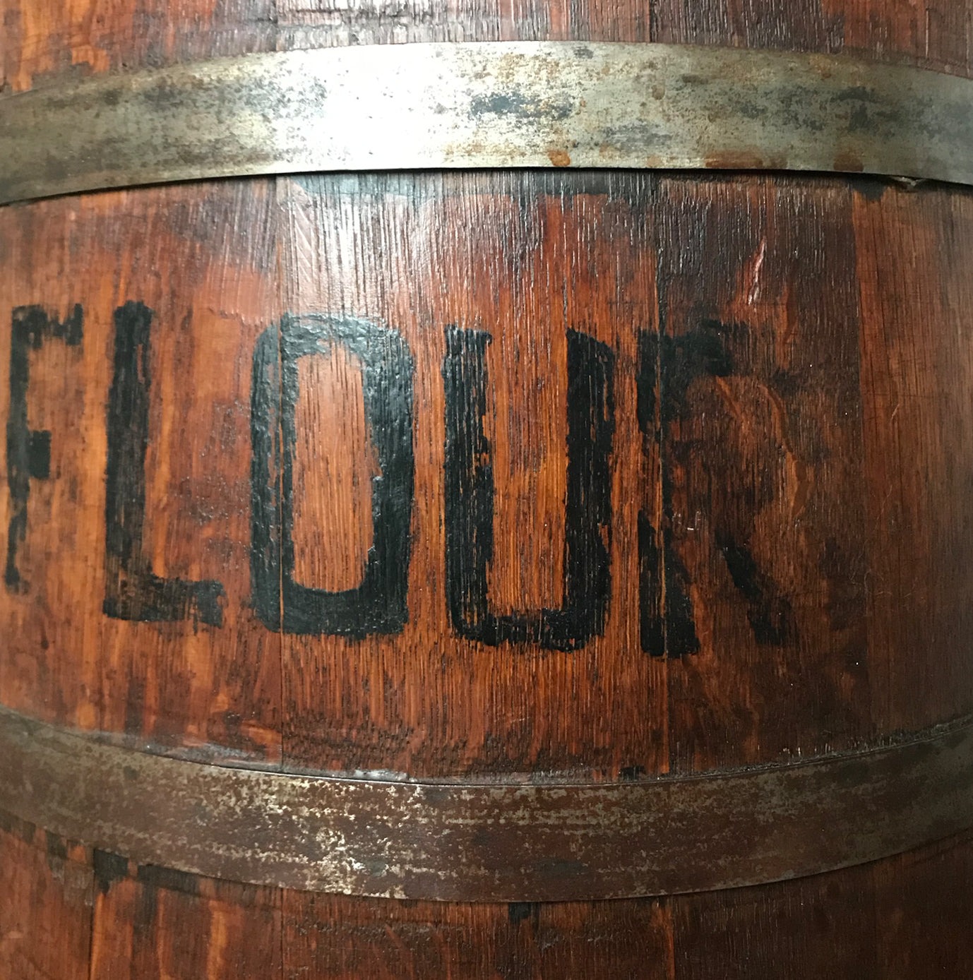 Fantastic Coopered Oak Antique Flour Bin, probably Georgian. A good size bin that tapers to the top and is bound with steel rings. The original aged black lettering is still on the front and the wood has aged to a beautiful mellow golden colour - SHOP NOW - www.intovintage.co.uk