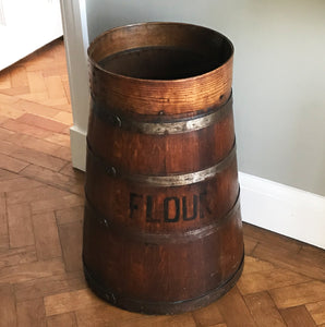 Fantastic Coopered Oak Antique Flour Bin, probably Georgian. A good size bin that tapers to the top and is bound with steel rings. The original aged black lettering is still on the front and the wood has aged to a beautiful mellow golden colour - SHOP NOW - www.intovintage.co.uk