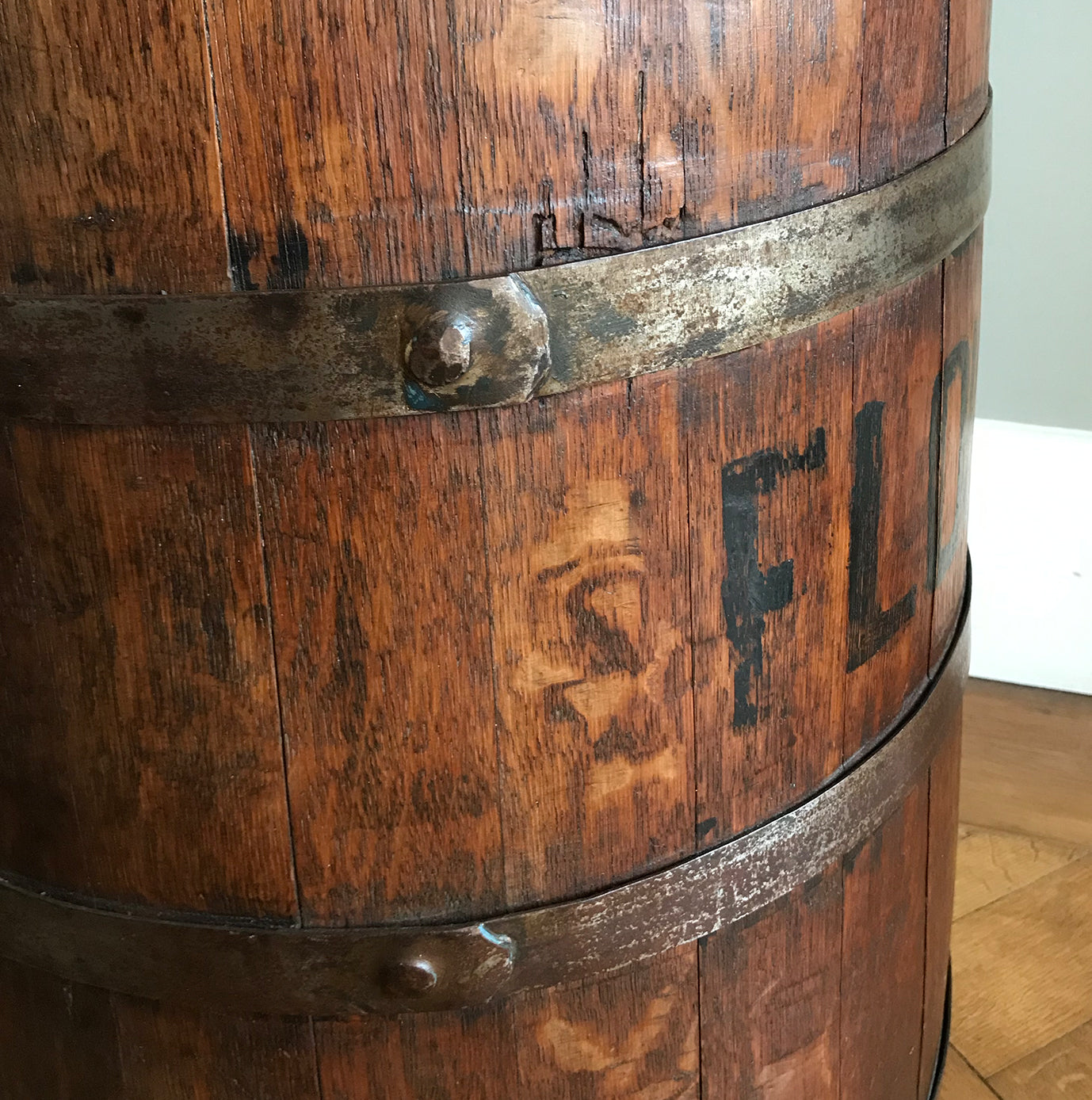 Fantastic Coopered Oak Antique Flour Bin, probably Georgian. A good size bin that tapers to the top and is bound with steel rings. The original aged black lettering is still on the front and the wood has aged to a beautiful mellow golden colour - SHOP NOW - www.intovintage.co.uk