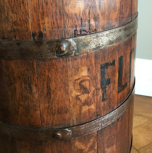Fantastic Coopered Oak Antique Flour Bin, probably Georgian. A good size bin that tapers to the top and is bound with steel rings. The original aged black lettering is still on the front and the wood has aged to a beautiful mellow golden colour - SHOP NOW - www.intovintage.co.uk
