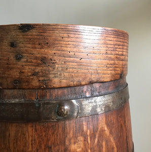 Fantastic Coopered Oak Antique Flour Bin, probably Georgian. A good size bin that tapers to the top and is bound with steel rings. The original aged black lettering is still on the front and the wood has aged to a beautiful mellow golden colour - SHOP NOW - www.intovintage.co.uk