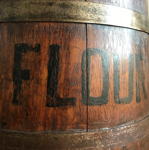 Fantastic Coopered Oak Antique Flour Bin, probably Georgian. A good size bin that tapers to the top and is bound with steel rings. The original aged black lettering is still on the front and the wood has aged to a beautiful mellow golden colour - SHOP NOW - www.intovintage.co.uk