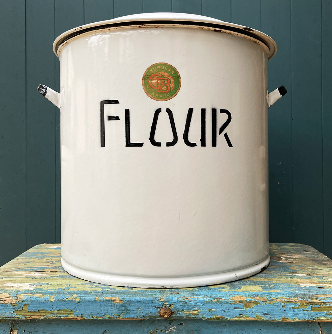 A Vintage Enamel Flour Bin with original 'Tubular Brands' manufacturer sticker. It has great typography to the front. Good looking and very practical if you love to cook - SHOP NOW - www.intovintage.co.uk