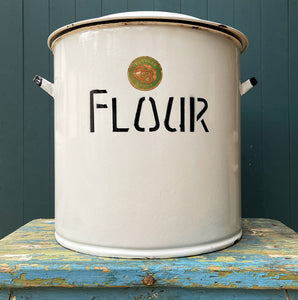 A Vintage Enamel Flour Bin with original 'Tubular Brands' manufacturer sticker. It has great typography to the front. Good looking and very practical if you love to cook - SHOP NOW - www.intovintage.co.uk