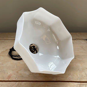 A French opaline glass pendant light with original brass gallery.Wired using three core braided antique black cable and a new antique finish B22 bayonet fitting bulb holder - SHOP NOW - www.intovintage.co.uk