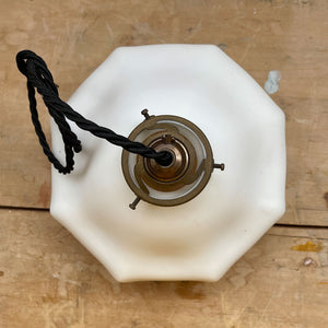 A French opaline glass pendant light with original brass gallery.Wired using three core braided antique black cable and a new antique finish B22 bayonet fitting bulb holder - SHOP NOW - www.intovintage.co.uk