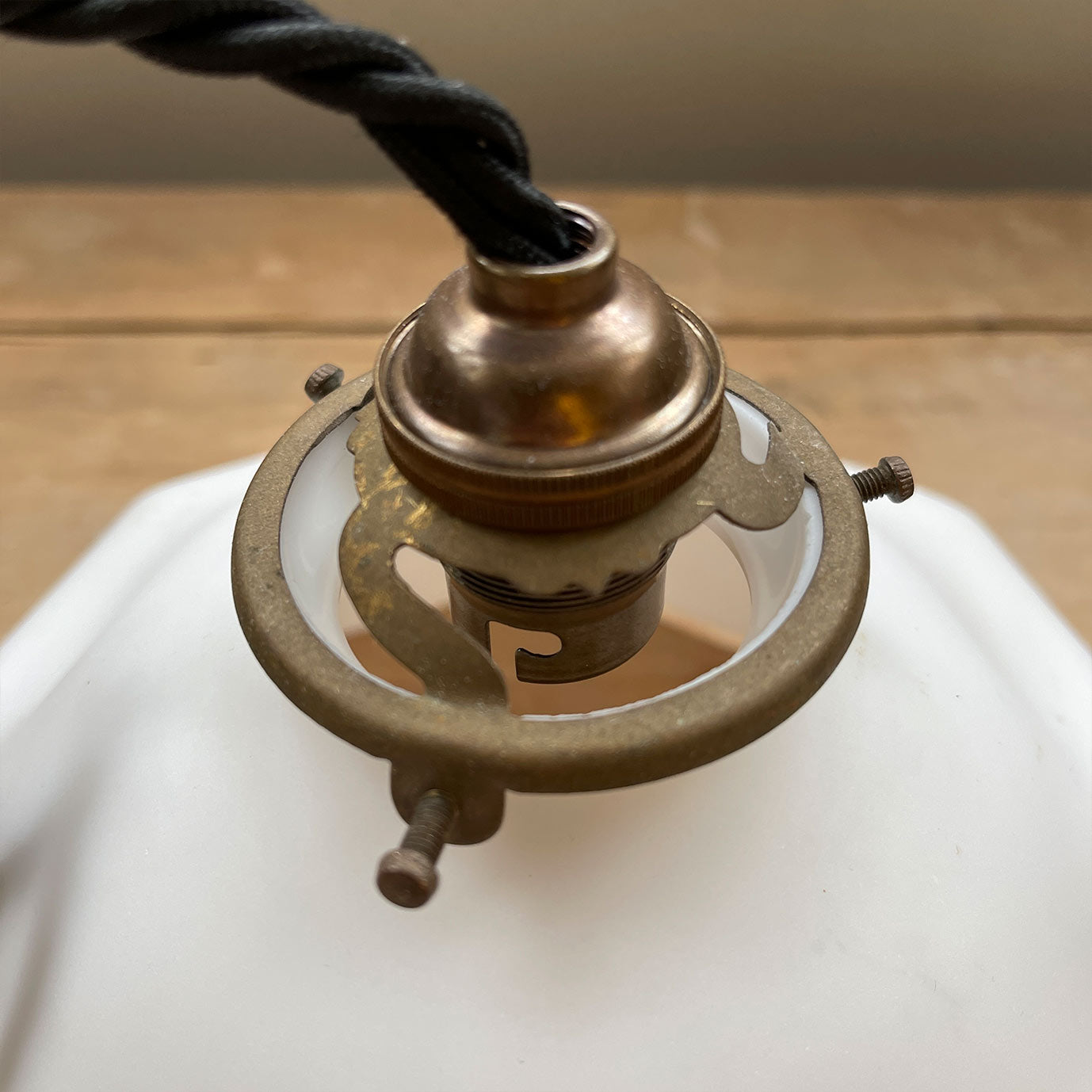 A French opaline glass pendant light with original brass gallery.Wired using three core braided antique black cable and a new antique finish B22 bayonet fitting bulb holder - SHOP NOW - www.intovintage.co.uk
