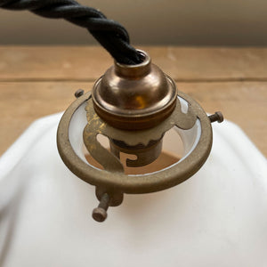 A French opaline glass pendant light with original brass gallery.Wired using three core braided antique black cable and a new antique finish B22 bayonet fitting bulb holder - SHOP NOW - www.intovintage.co.uk