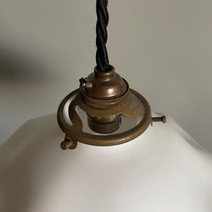 A French opaline glass pendant light with original brass gallery.Wired using three core braided antique black cable and a new antique finish B22 bayonet fitting bulb holder - SHOP NOW - www.intovintage.co.uk