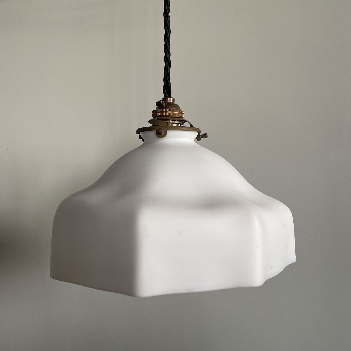 A French opaline glass pendant light with original brass gallery.Wired using three core braided antique black cable and a new antique finish B22 bayonet fitting bulb holder - SHOP NOW - www.intovintage.co.uk