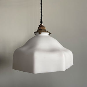 A French opaline glass pendant light with original brass gallery.Wired using three core braided antique black cable and a new antique finish B22 bayonet fitting bulb holder - SHOP NOW - www.intovintage.co.uk