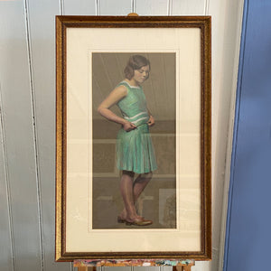 A beautiful pastil study of a young girl c.1930. She wears a simple dress in a bright duck egg with white stripes. Extremely elegant and of the time - SHOP NOW - www.intovintage.co.uk
