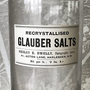 Vintage Clear Apothecary Bottle with an original paper label from Hedley E. Dwelly, High-Class Drug Stores, 41, Acton Lane, Harlesden. N.W. London - SHOP NOW - www.intovintage.co.uk
