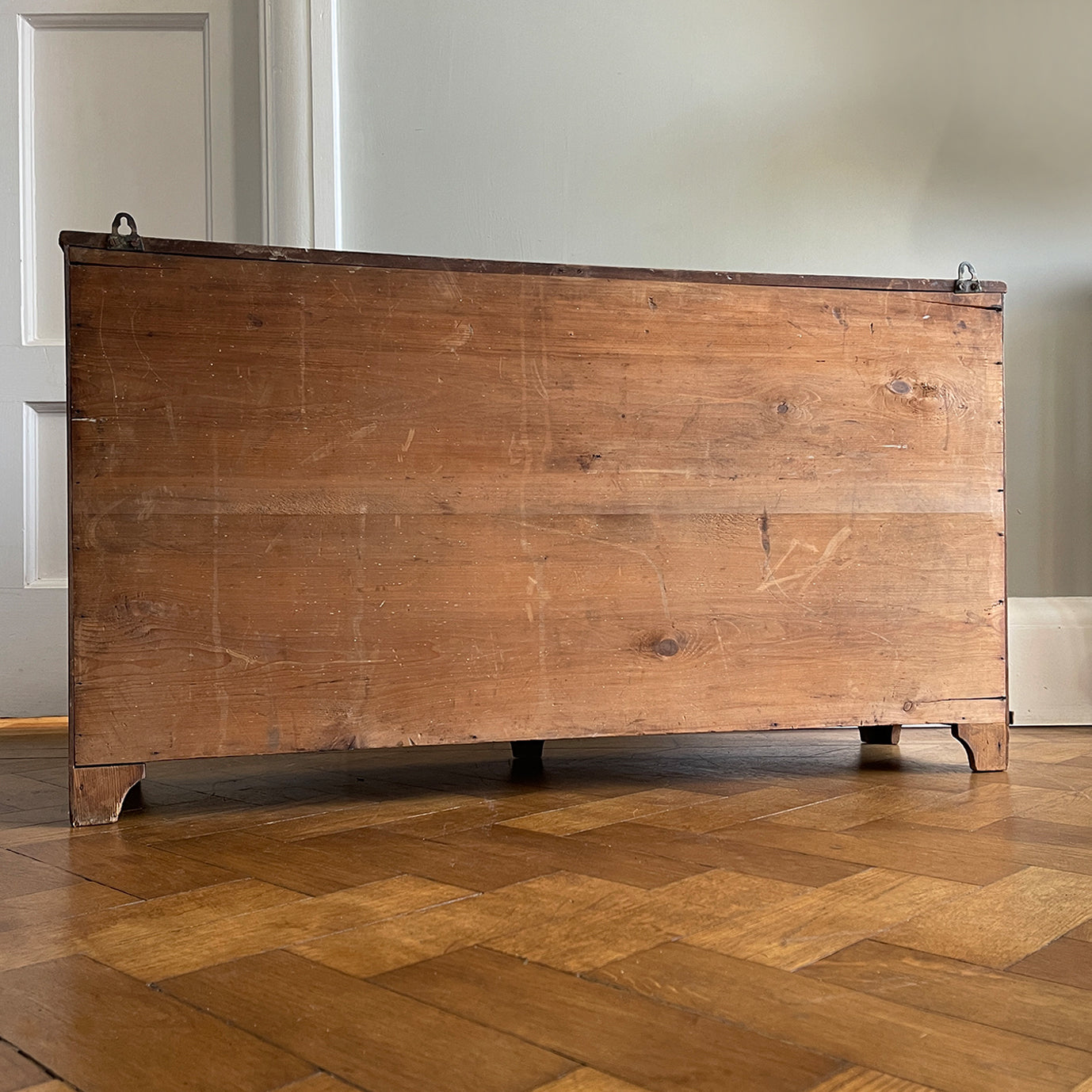 A pretty antique pokerworked glazed cabinet with ivy leaf and dotted decoration to the front. It has its original glass and a black ceramic knob, and still has its original key - SHOP NOW - www.intovintage.co.uk