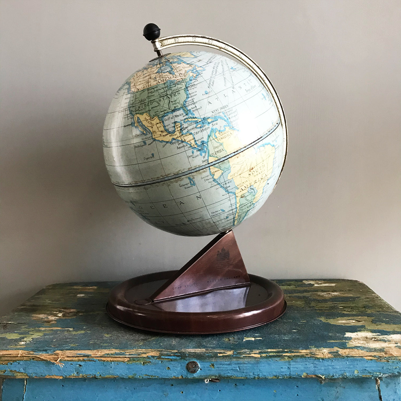 Vintage Chad Valley Tin Globe. Marked Chad Valley, and shows the Royal Warrant on the base. I lovely little item for display - SHOP NOW - www.intovintage.co.uk