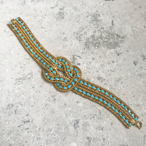 Gold Tone & Duck Egg Blue Stone Knot Bracelet