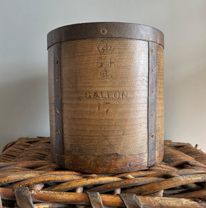 A Georgian Grain Measure. Constructed from yew wood with metal strapping. Marked with the Georgian Crown and the word 'GALLON' and the numeral '17'. These vessels were used to measure out grain in general stores and grain merchants - SHOP NOW - www.intovontage.co.uk