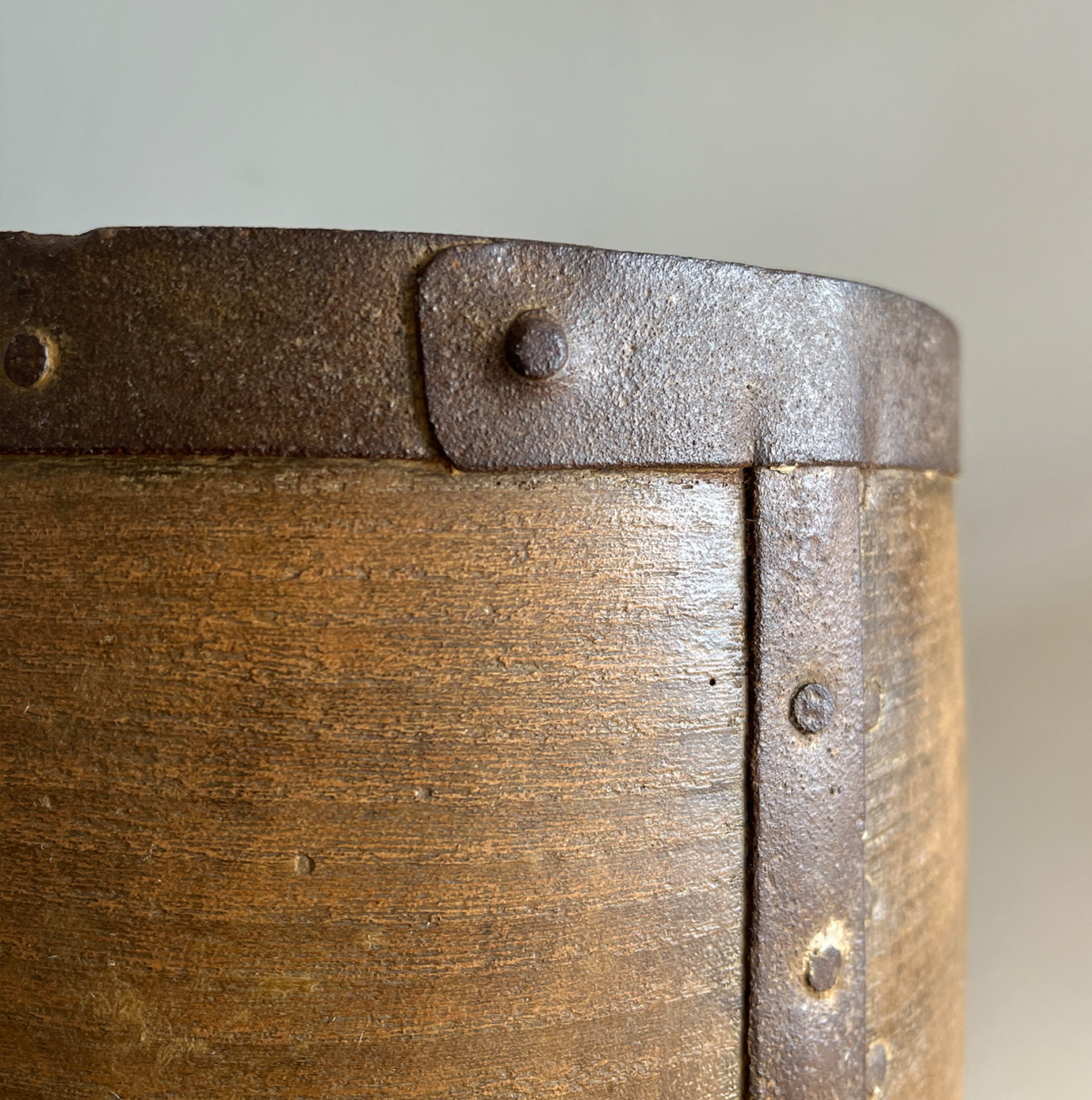 A Georgian Grain Measure. Constructed from yew wood with metal strapping. Marked with the Georgian Crown and the word 'GALLON' and the numeral '17'. These vessels were used to measure out grain in general stores and grain merchants - SHOP NOW - www.intovontage.co.uk