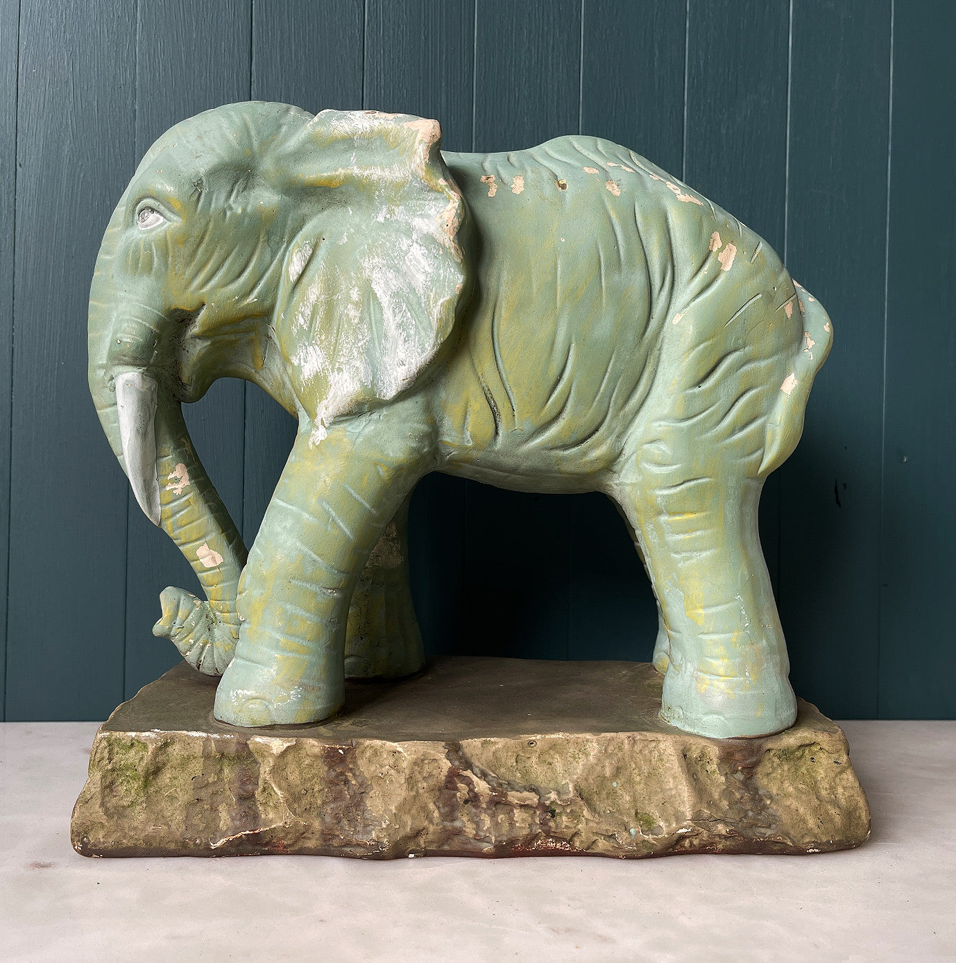 Wonderful large Vintage Green Advertising Elephant reportedly made for Esso's Elephant Kerosene. The green painted finish is a hand painted chalky green colour with yellowy green painted highlights. He stands majestically on a rocky base - SHOP NOW - www.intovintage.co.uk