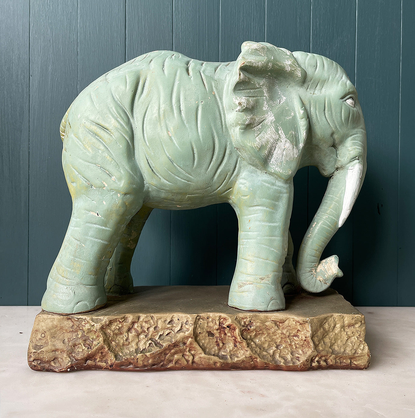 Wonderful large Vintage Green Advertising Elephant reportedly made for Esso's Elephant Kerosene. The green painted finish is a hand painted chalky green colour with yellowy green painted highlights. He stands majestically on a rocky base - SHOP NOW - www.intovintage.co.uk