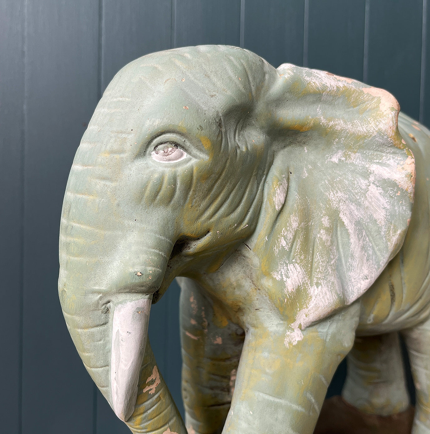Wonderful large Vintage Green Advertising Elephant reportedly made for Esso's Elephant Kerosene. The green painted finish is a hand painted chalky green colour with yellowy green painted highlights. He stands majestically on a rocky base - SHOP NOW - www.intovintage.co.uk