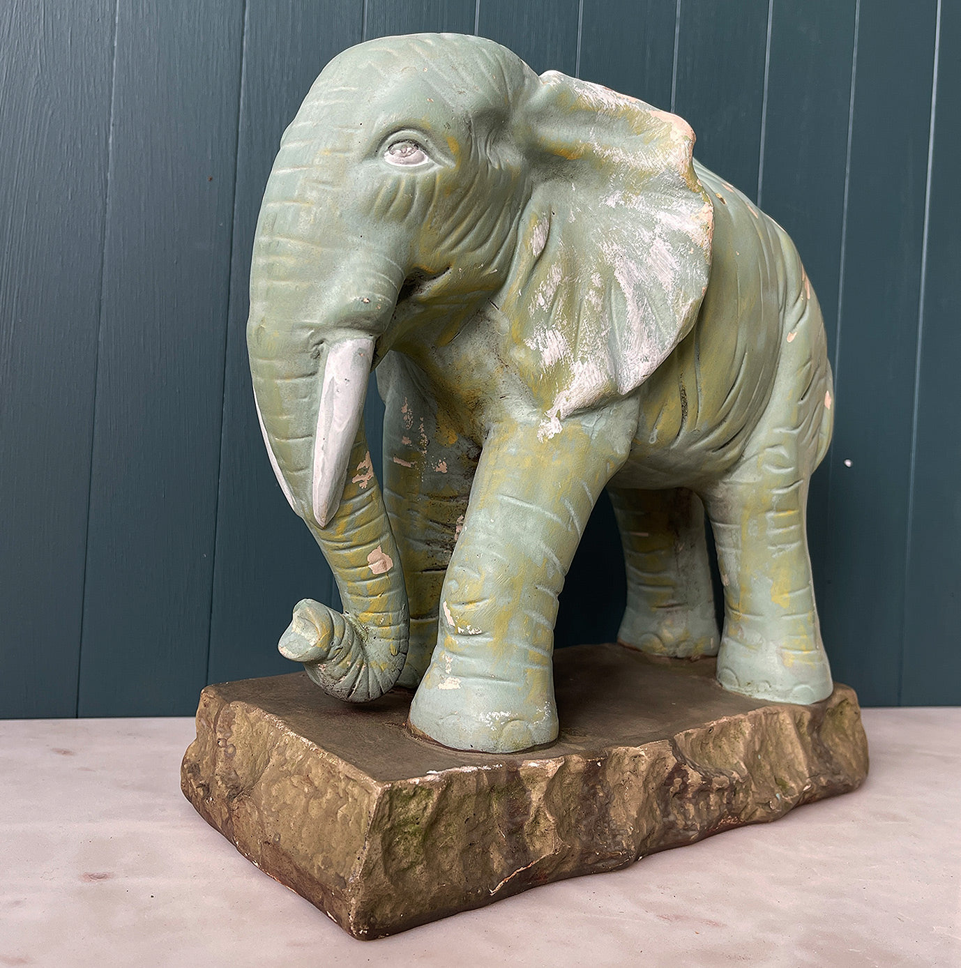 Wonderful large Vintage Green Advertising Elephant reportedly made for Esso's Elephant Kerosene. The green painted finish is a hand painted chalky green colour with yellowy green painted highlights. He stands majestically on a rocky base - SHOP NOW - www.intovintage.co.uk