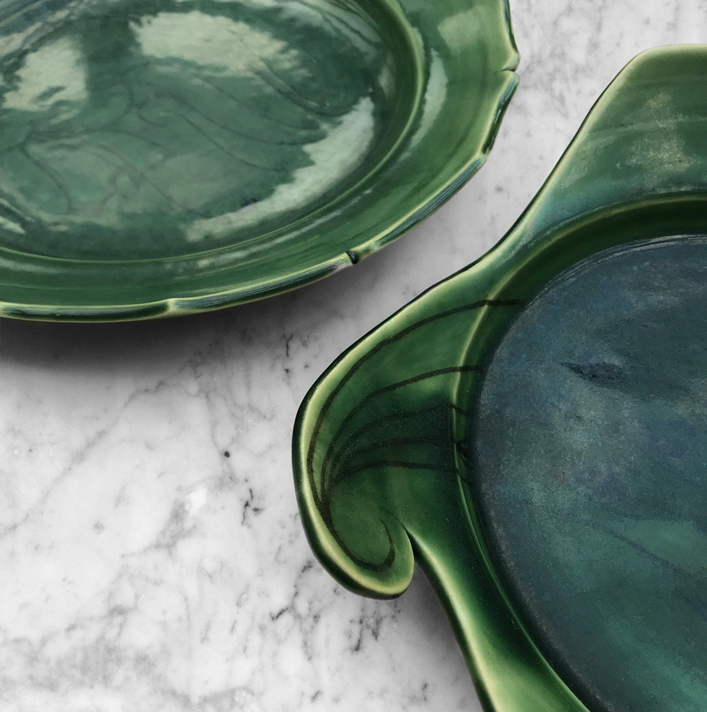 Pair Green Glazed Pottery Plates