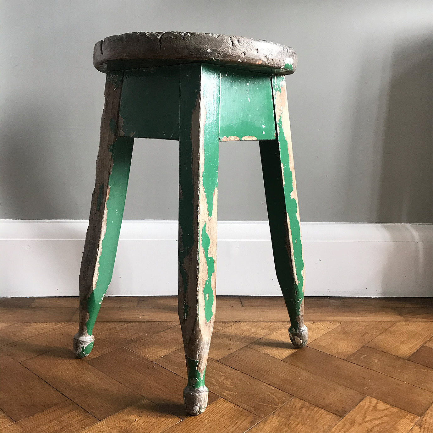 Good looking Vintage Painted Stool. Fantastic age age related wear and patina yet still totally solid. The green paint has worn and chipped away giving the stool that bang on look - SHOP NOW - www.intovintage.co.uk