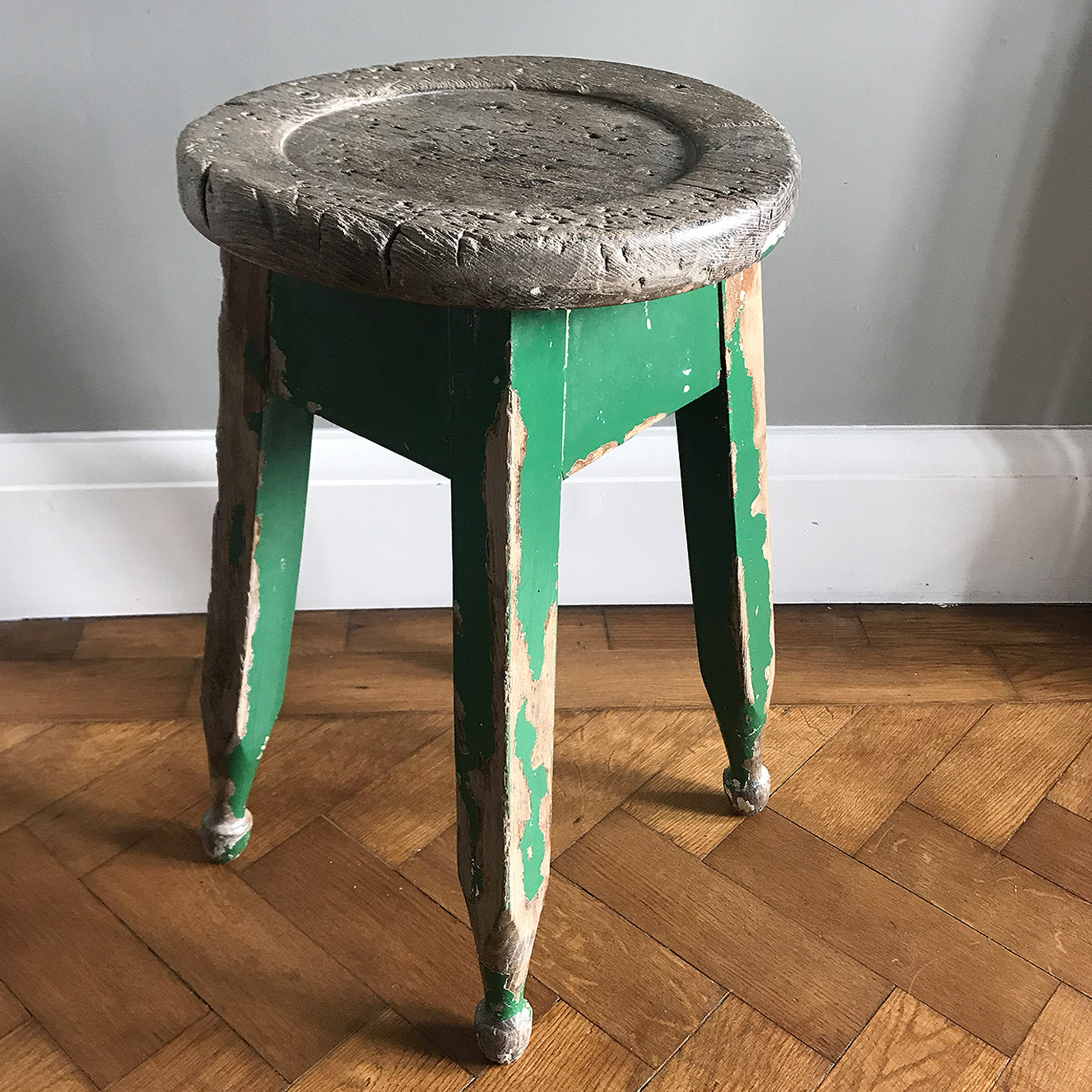 Good looking Vintage Painted Stool. Fantastic age age related wear and patina yet still totally solid. The green paint has worn and chipped away giving the stool that bang on look - SHOP NOW - www.intovintage.co.uk