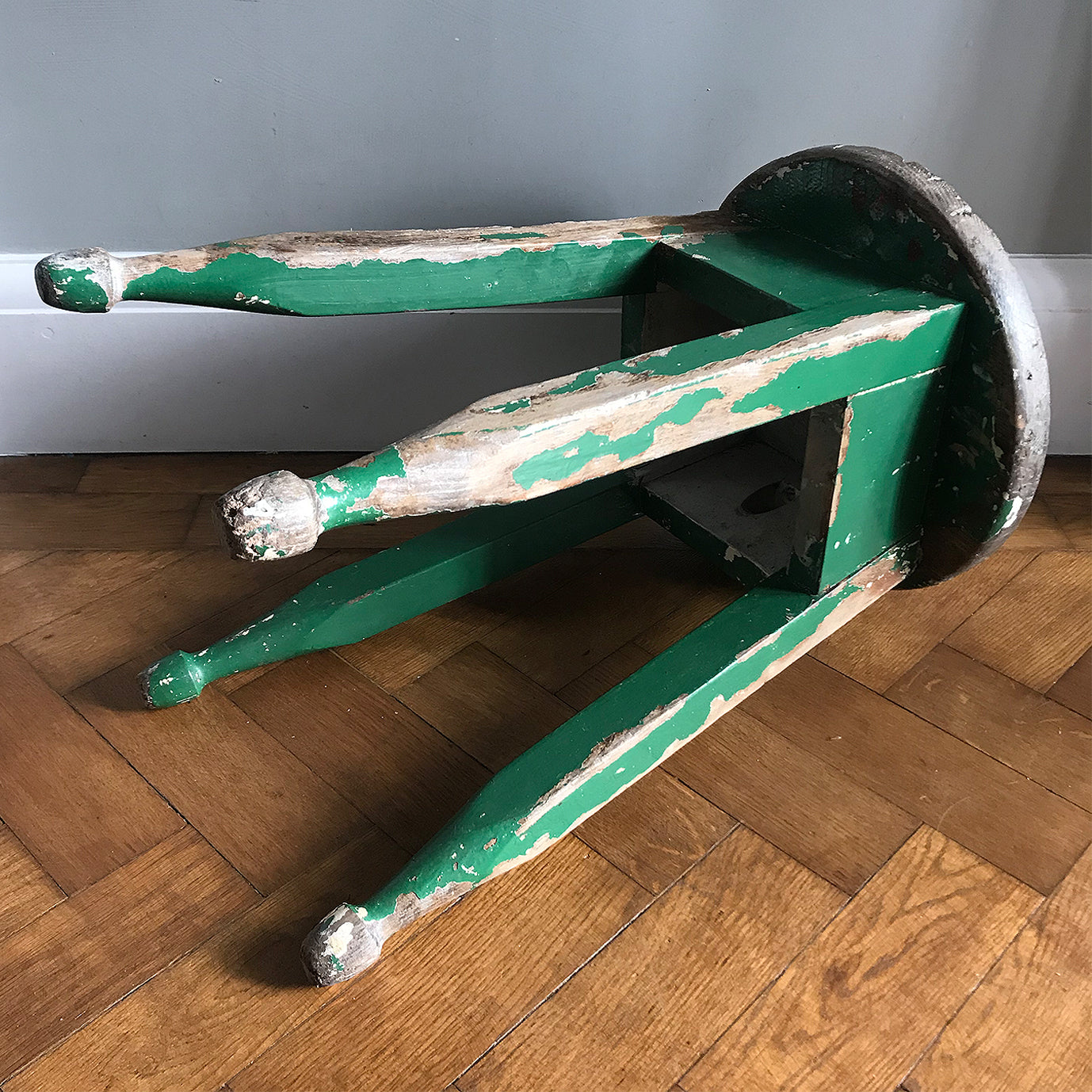 Good looking Vintage Painted Stool. Fantastic age age related wear and patina yet still totally solid. The green paint has worn and chipped away giving the stool that bang on look - SHOP NOW - www.intovintage.co.uk