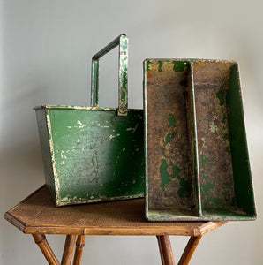 A superb double layered Industrial Trug with super chippy green paint. The tray that nestles in to the top area has two handy compartments for smaller items leaving the below space for larger items. Super sturdy and practical - SHOP NOW - www.intovintage.co.uk