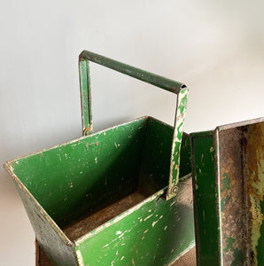 A superb double layered Industrial Trug with super chippy green paint. The tray that nestles in to the top area has two handy compartments for smaller items leaving the below space for larger items. Super sturdy and practical - SHOP NOW - www.intovintage.co.uk