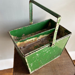 A superb double layered Industrial Trug with super chippy green paint. The tray that nestles in to the top area has two handy compartments for smaller items leaving the below space for larger items. Super sturdy and practical - SHOP NOW - www.intovintage.co.uk