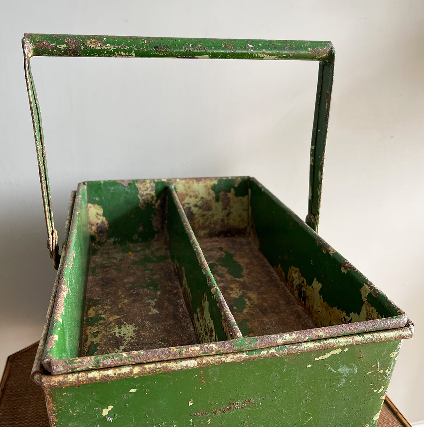 A superb double layered Industrial Trug with super chippy green paint. The tray that nestles in to the top area has two handy compartments for smaller items leaving the below space for larger items. Super sturdy and practical - SHOP NOW - www.intovintage.co.uk