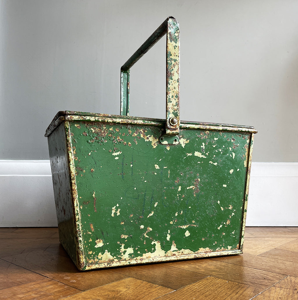 A superb double layered Industrial Trug with super chippy green paint. The tray that nestles in to the top area has two handy compartments for smaller items leaving the below space for larger items. Super sturdy and practical - SHOP NOW - www.intovintage.co.uk