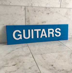 Vintage Shop Guitars sign with cut white perspex lettering on to a cyan blue perspex background - SHOP NOW - www.intovintage.co.uk