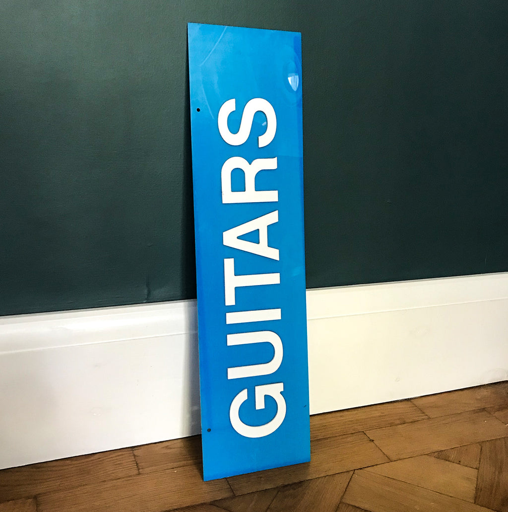 Vintage Shop Guitars sign with cut white perspex lettering on to a cyan blue perspex background - SHOP NOW - www.intovintage.co.uk